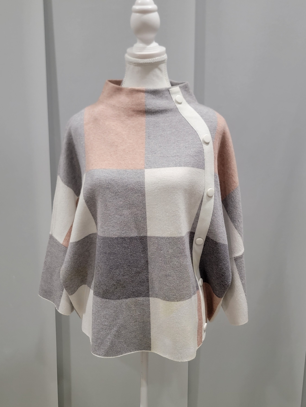 Joseph Ribkoff Colorblock Button-Trim Poncho - Pink, Gray, White